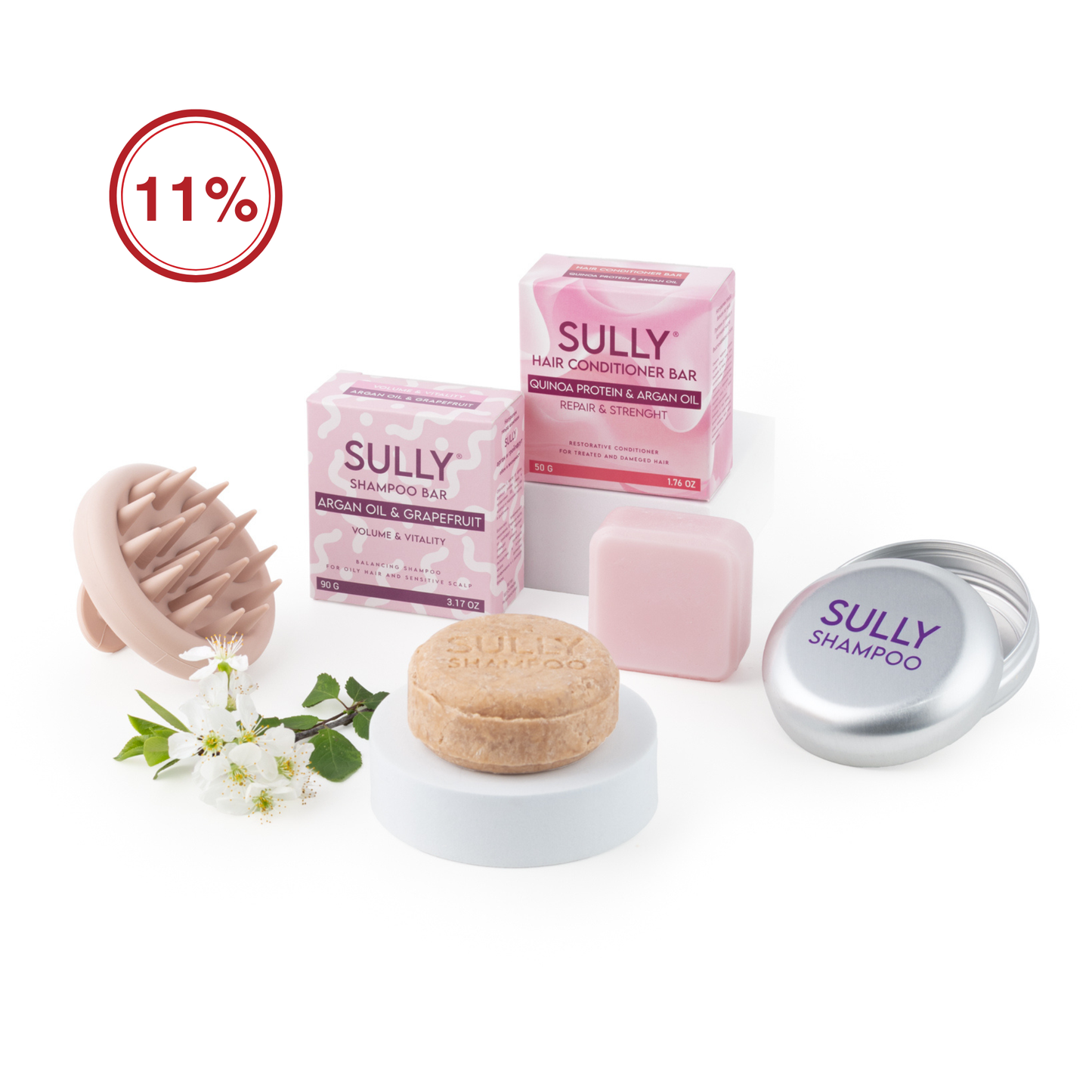 Комплект за мазна коса SULLY Naturals с твърд шампоан Арганово масло и Грейпфрут, твърд балсам с протеин от киноа и арганово масло, масажор за скалп и алуминиева кутийка за съхранение.