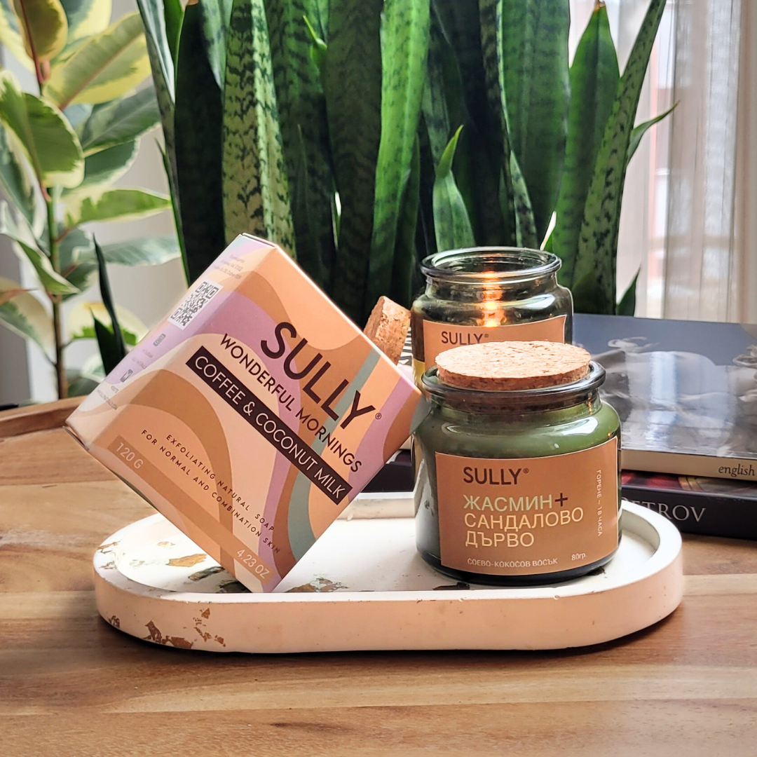 Сет от сапун и ароматна соева свещ SULLY с жасмин и сандалово дърво