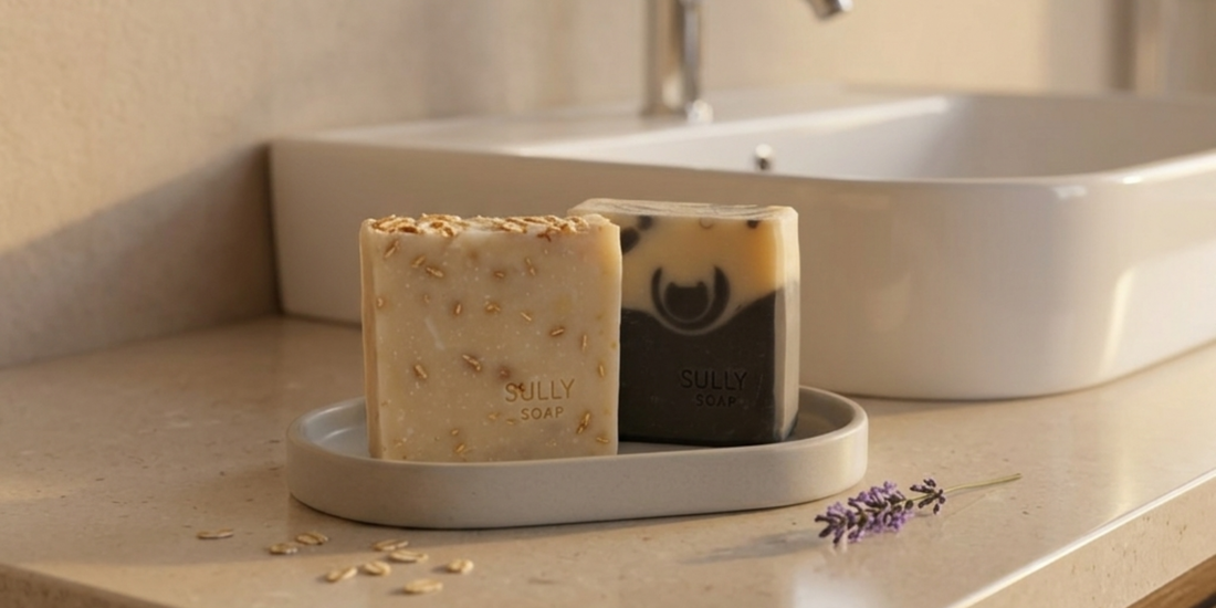 Натурални сапуни SULLY Naturals на керамична поставка в баня с овесени ядки и лавандула