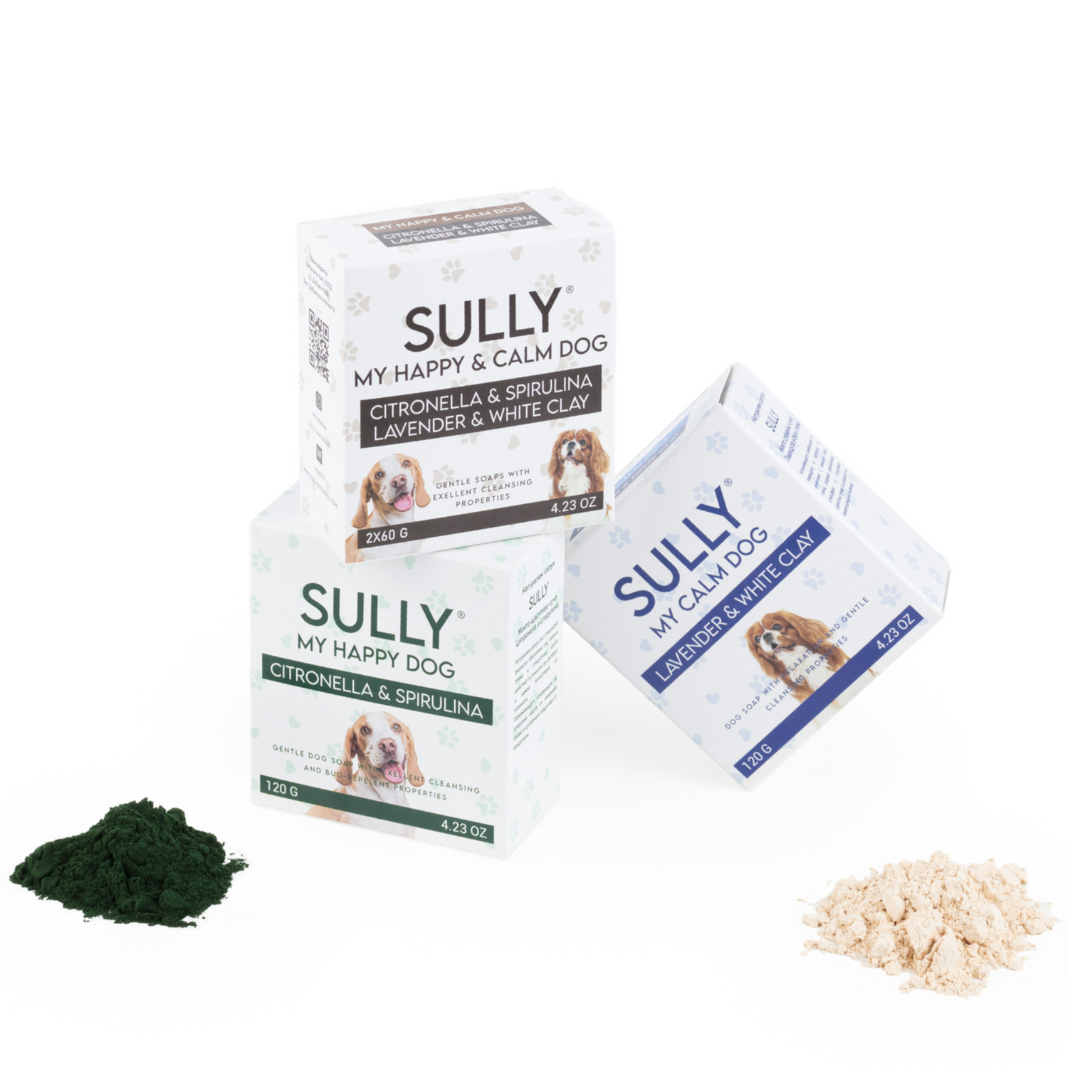 Три натурални сапуна за кучета от серията MY DOG by SULLY – за почистване, успокояване и защита на чувствителна кожа. Подходящи за всички породи.