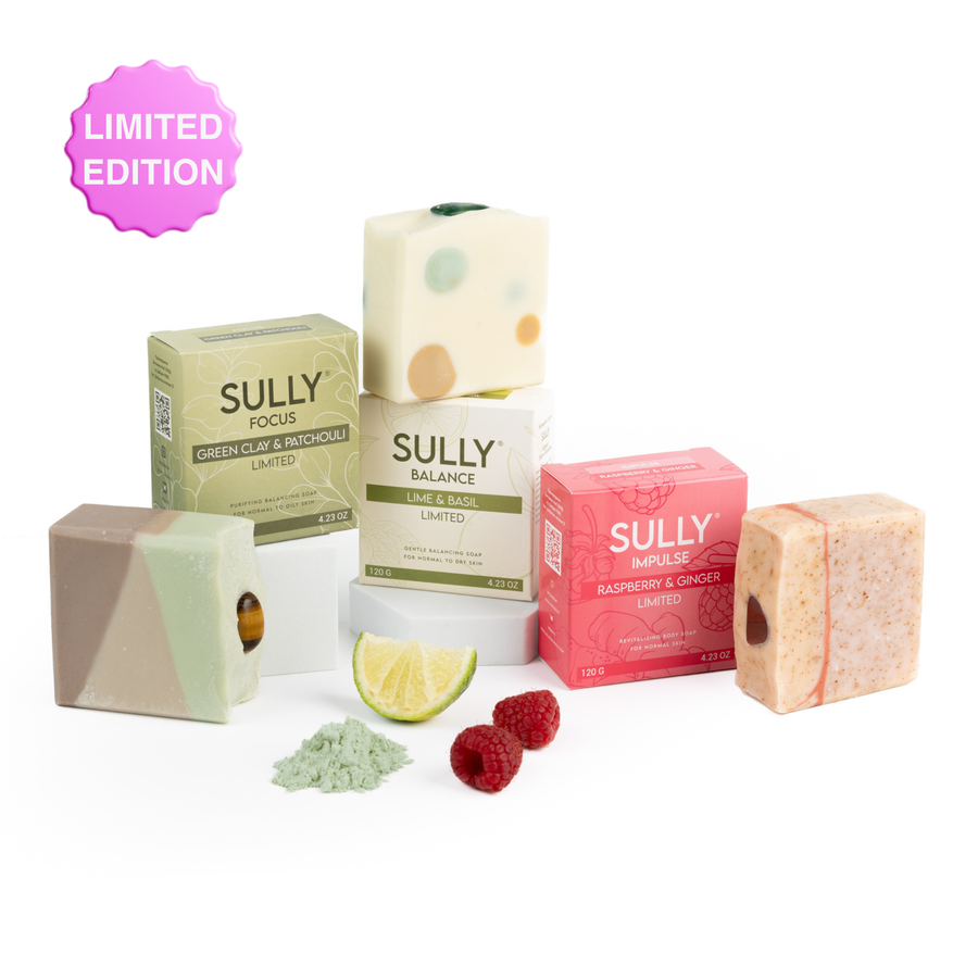 Комплект „Ритъм и кристали“ с трите кристални сапуна SULLY Naturals FOCUS, BALANCE и IMPULSE на бял фон, лимитирана серия