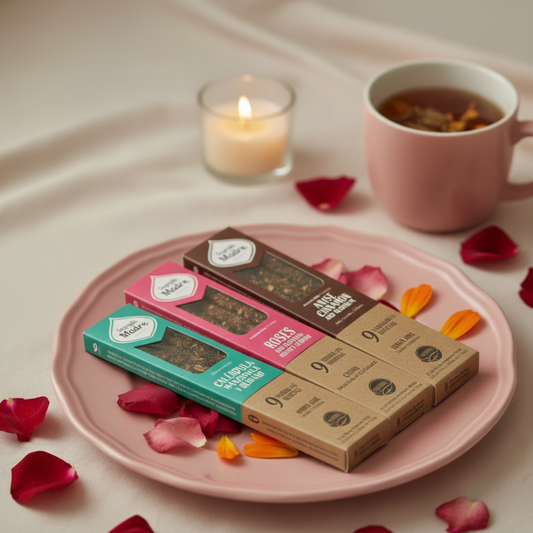 Комплект от три натурални ароматни пръчици Sagrada Madre - Roses, Calendula и Anise & Cinnamon, поставени върху розова чиния с венчелистчета и запалена свещ.