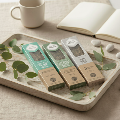 Комплект от три натурални ароматни пръчици Sagrada Madre - Eucalyptus & Cedar, Calendula и White Sage, поставени върху дървена табла с евкалиптови клонки и мека дневна светлина.