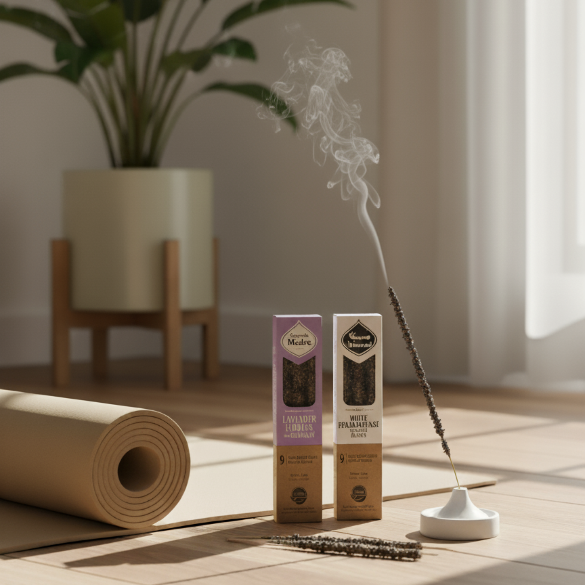 Две натурални ароматни пръчици Sagrada Madre - Lavender и White Frankincense, подредени до навита постелка за йога на дървен под, с лека струйка дим и утринна светлина.