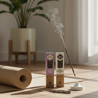 Две натурални ароматни пръчици Sagrada Madre - Lavender и White Frankincense, подредени до навита постелка за йога на дървен под, с лека струйка дим и утринна светлина.
