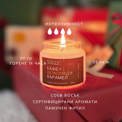 Свещ „Кафе, шоколад и карамел“ SULLY Naturals, показана с интензивност, време на горене и площ на ароматно покритие.